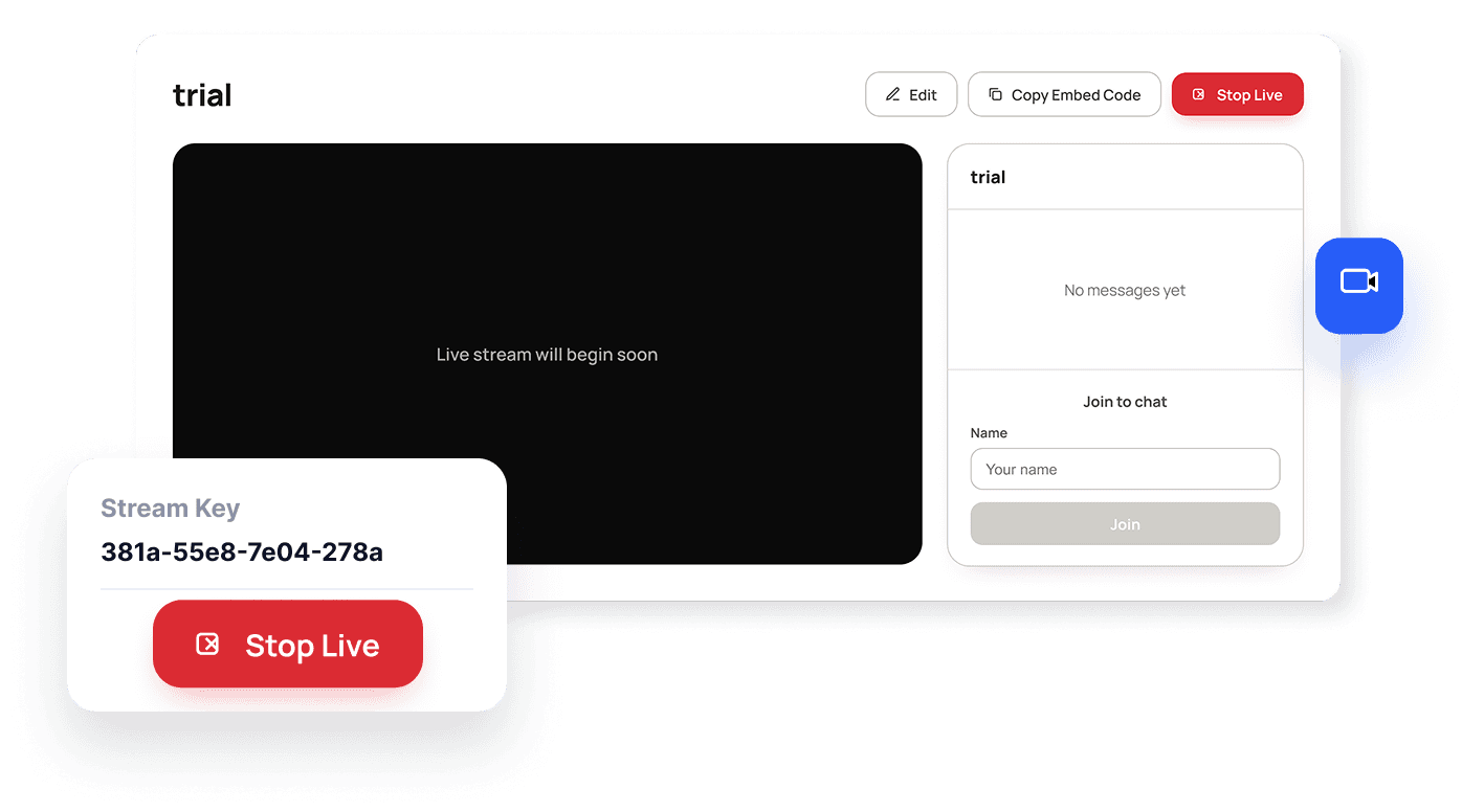 Live stream dashboard with stream key and chat